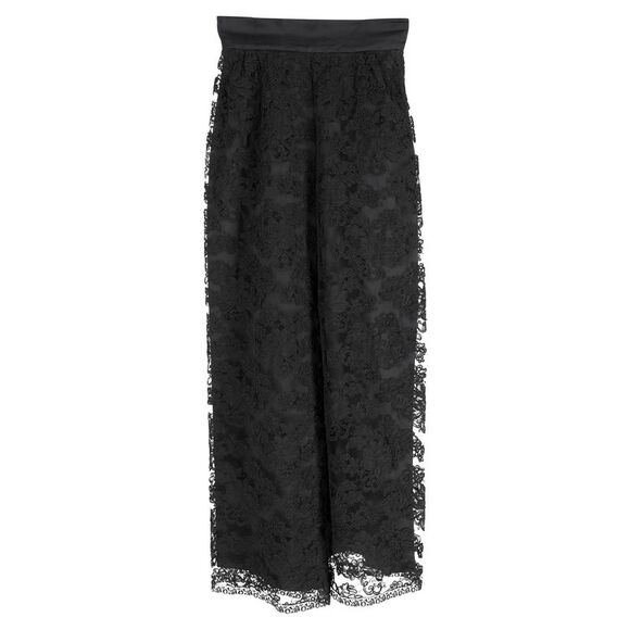 Valentino Boutique Lace-Detailed Wide-Leg Trousers in Black Polyester